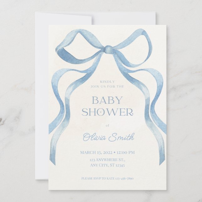 Cartão De Notas Blue Bow Minimalist Baby Shower Invitation (Frente)
