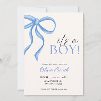 Cartão De Notas Blue Bow Minimalist Baby Shower Invitation