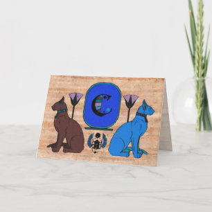 Cartão De Notas Blue Egyptian Cat Monogram Greeting Card: C