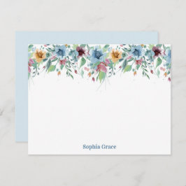 Cartão De Notas Blue Floral Watercolor Personalizado