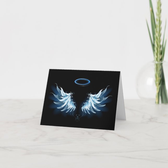 Cartão De Notas Blue Glowing Angel Wings on black background (Frente)