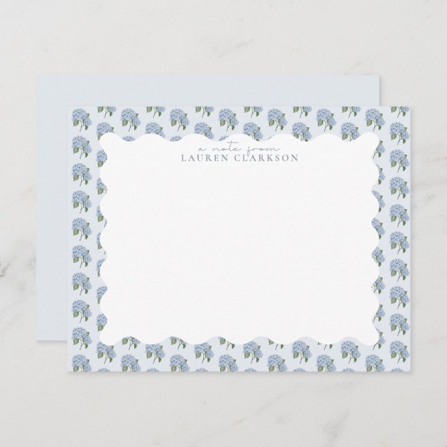 Cartão De Notas Blue Hydrangea Floral Wavy Border Note Card (Frente/Verso)