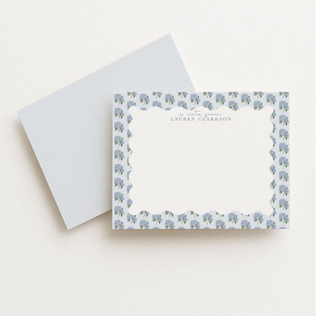 Cartão De Notas Blue Hydrangea Floral Wavy Border Note Card (Criador carregado)