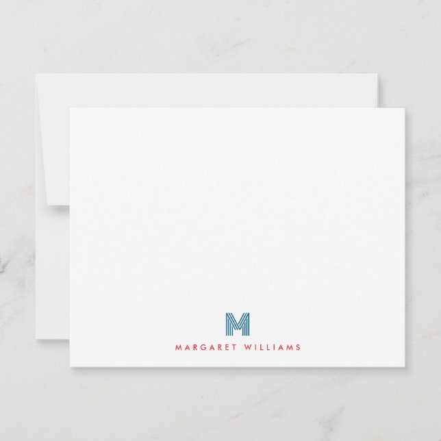 Cartão De Notas Blue Red Modern Art Deco Monograma Personalizado (Frente)
