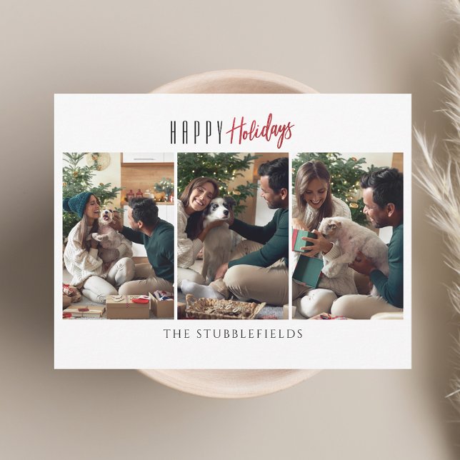 Cartão De Notas Boas Festas 3 Fotos de Família Saudações de Natal (Happy Holidays 3 Family Photos Christmas Greetings Note Card)