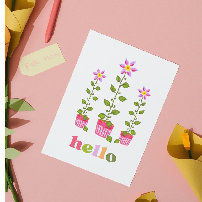 Cartão De Notas Boho Hello, Pensamento Floral Desenhado à Mão de T (These boho pink and purple flowers make it easy to stay in touch!)