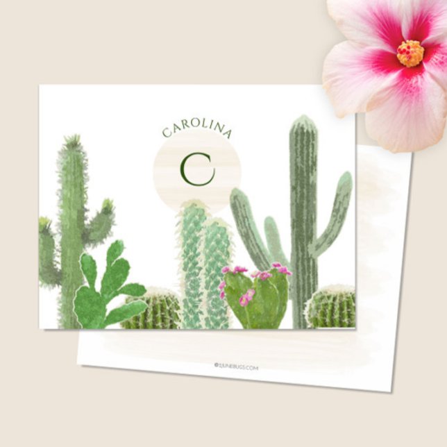 Cartão De Notas Boho Monograma Deserto Cactos Aquarela Floral (Criador carregado)