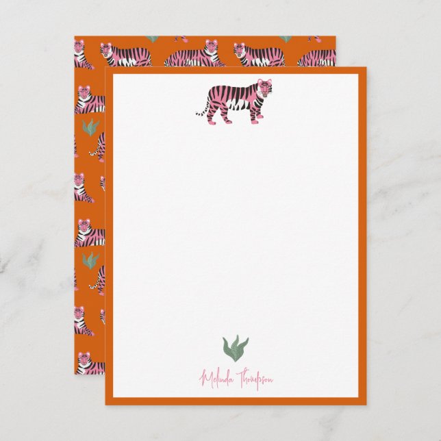 Cartão De Notas Boho Orange Pink Jungle Tiger Script (Frente/Verso)