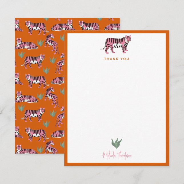 Cartão De Notas Boho Orange Pink Jungle Tiger Script (Frente/Verso)