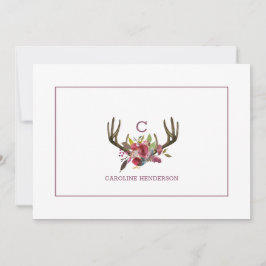 Cartão De Notas Boho Pink Floral Watercolor Antlers Monogramas