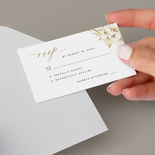 Cartão De Notas Boho tropical orhid gold script casamento RSVP (Criador carregado)