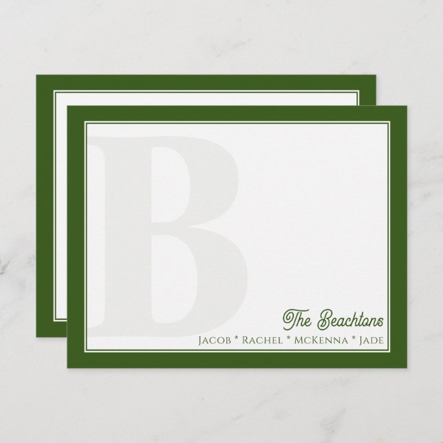 Cartão De Notas Bold Monograma Forest Green Family Stationery (Frente/Verso)