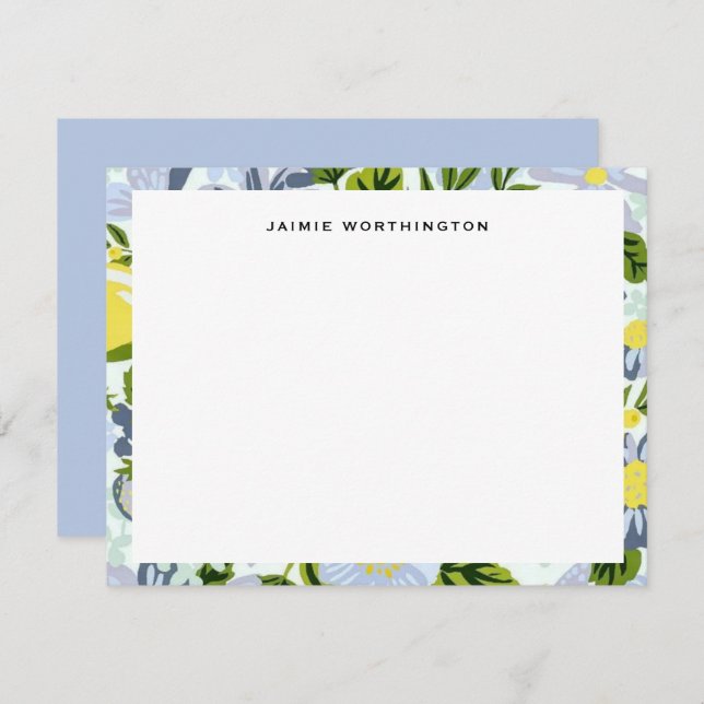 Cartão De Notas Bonito, azul e amarelo, padrão floral feminino (Frente/Verso)