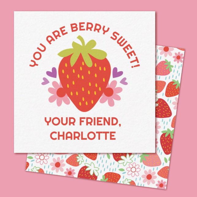 Cartão De Notas Bonito Berry Doce Crianças Morango Namorados (A cute Strawberry, berry sweet mini valentine card. Great for a school classroom exchange.)