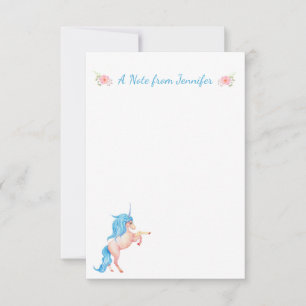 Cartão De Notas Bonito Blue Unicorn Personalizado Floral