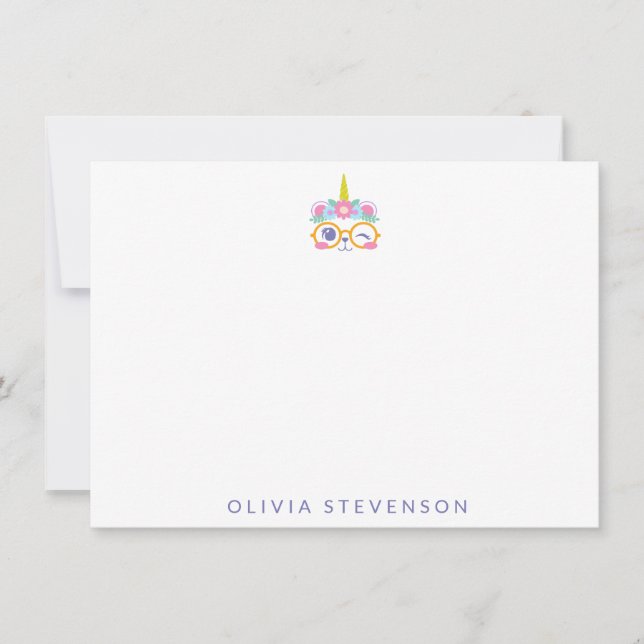 Cartão De Notas Bonito Urso Kawaii Unicorn Nome da Coroa de Flor (Frente)