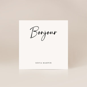 Cartão De Notas Bonjour   Script francês Elegante preto-e-branco