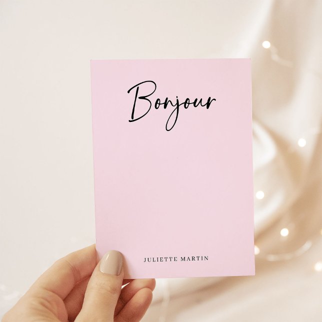 Cartão De Notas Bonjour | Script francês Elegante rosa e preto (An elegant French style note card that says "Bonjour" in modern script)