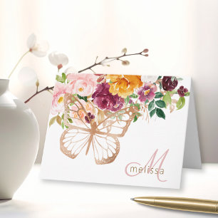 Cartão De Notas Borboleta Dourada Rosa & Buquê Floral Aquarela
