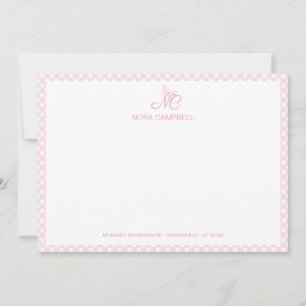 Cartão De Notas Borboleta Elegante Monograma Girly Baby Pink Gingh