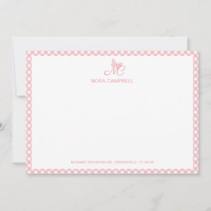 Cartão De Notas Borboleta Elegante Monograma Peach Rosa Gingham