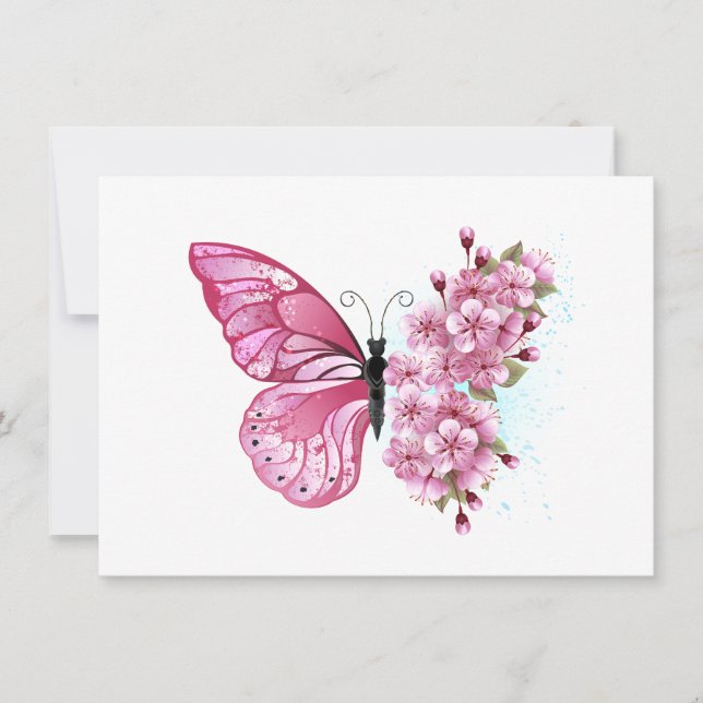 Cartão De Notas Borboleta Flor com Sakura Rosa (Frente)
