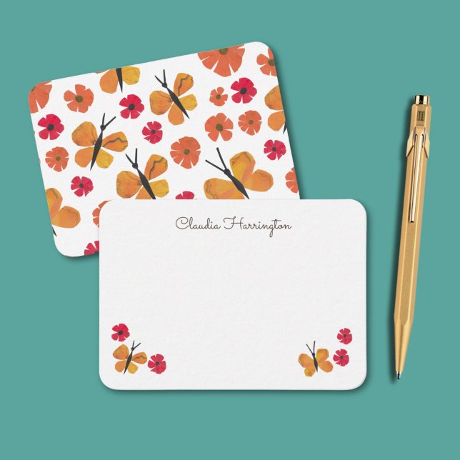 Cartão De Notas Borboleta Laranja Borboleta Frita Polpa (Orange butterflies and red poppies, my original art, make these retro note cards pop! )