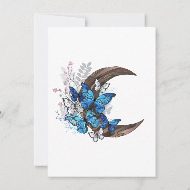 Cartão De Notas Borboletas azuis em crescente de madeira (Frente)