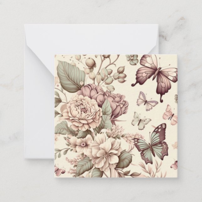 Cartão De Notas Borboletas e flores decoração pastosa (Frente)