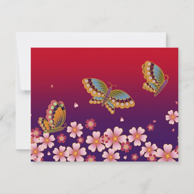 Cartão De Notas Borboletas Japonesas No Meio De Sakura Brilha Verm (Frente)