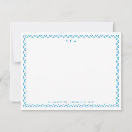 Cartão De Notas Borda de Onda Simples Clássica Azul 3 Monograma