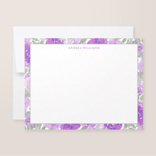 Cartão De Notas Borda Floral de Cor de Água Púrpura Personalizada