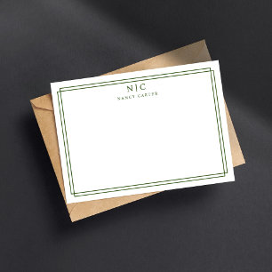 Cartão De Notas Borda Geométrica Verde Escuro de Dois Monogramas