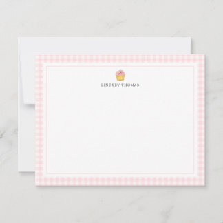 Cartão De Notas Borda Xadrez Rosa Personalizada Cupcake