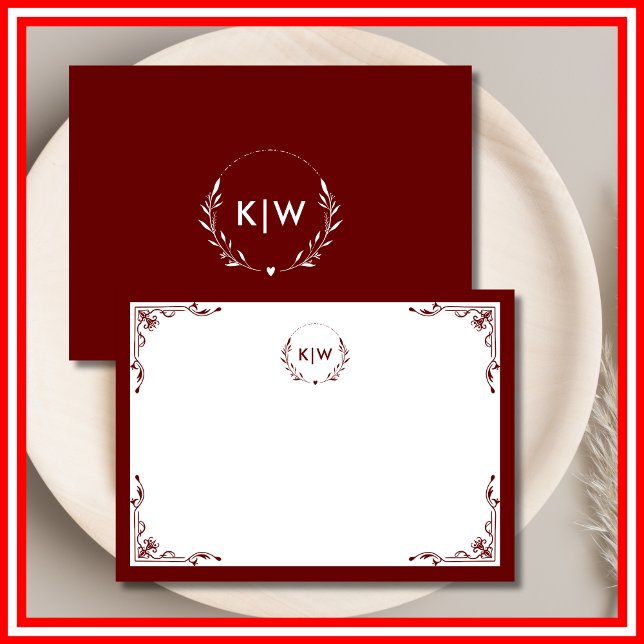 Cartão De Notas Bordéus e White | Monograma de Iniciais Modernos (Criador carregado)