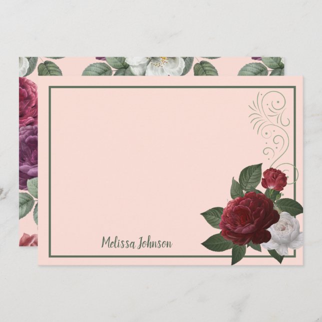 Cartão De Notas Borgonha Elegante e Floral Rosa Personalizado (Frente/Verso)