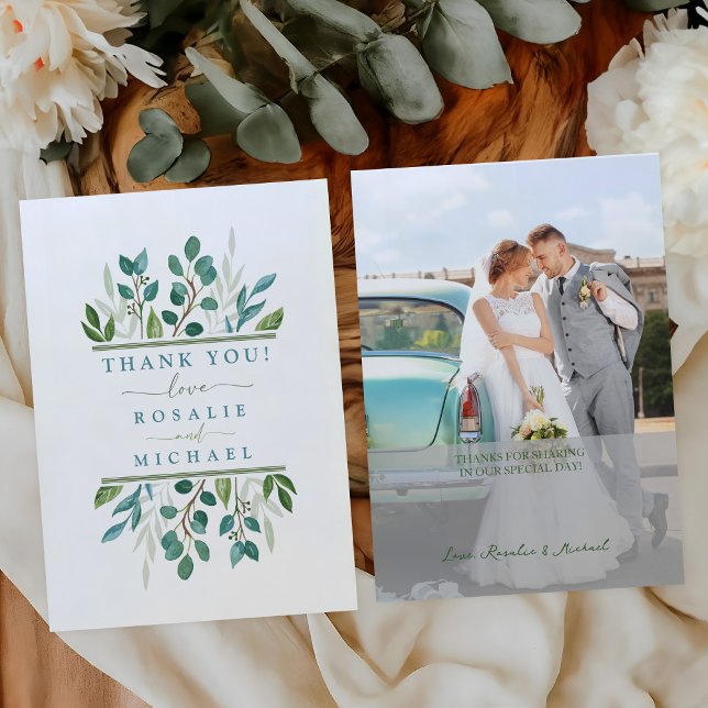 Cartão De Notas Botânica Greenery Foto de Casamento Obrigado (Flat Photo Wedding Thank You Card Front and Back)