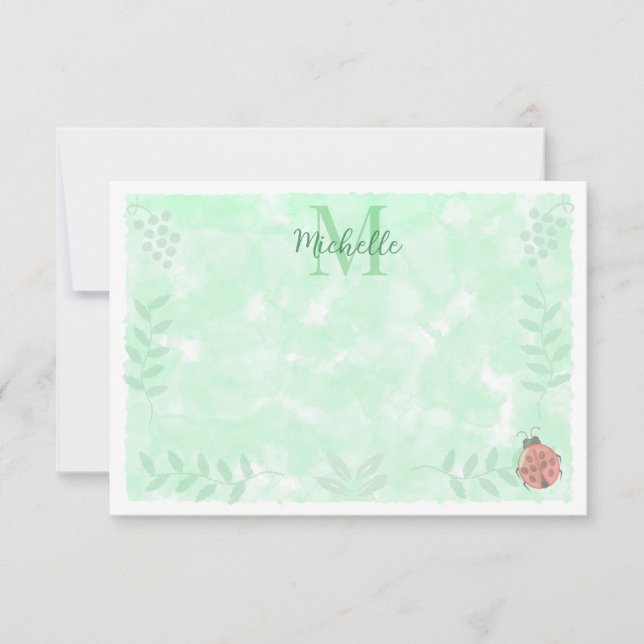 Cartão De Notas Botanical Watercolor Ladybug Monogram   (Frente)