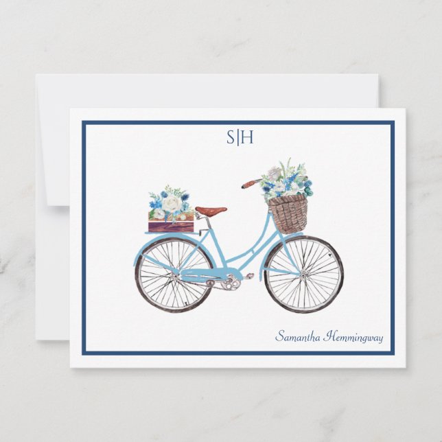 Cartão De Notas Branco Azul Cor Floral Bicicleta Floral Nome do Mo (Frente)