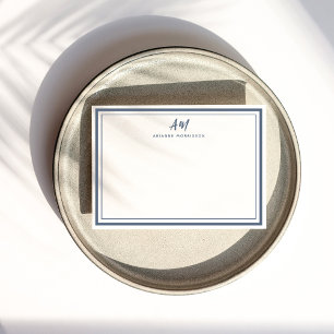 Cartão De Notas Branco Monograma Azul Empoeirado Borda Fina e Gros