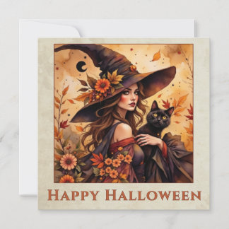 Cartão De Notas Bruxa de Outono Gato Preto Feliz Halloween Arte