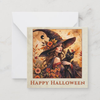 Cartão De Notas Bruxa de Outono Gato Preto Feliz Halloween Arte