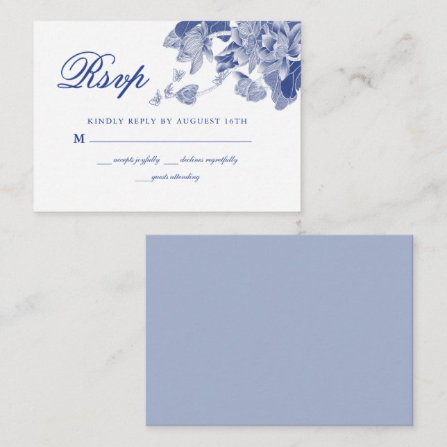 Cartão De Notas BUDGET Clássico Azul Branco Casamento Floral RSVP (Frente/Verso)