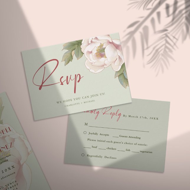 Cartão De Notas BUDGET Sage Green & Blush Peony Weding RSVP Card (Criador carregado)