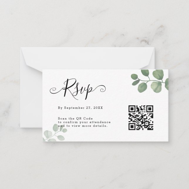 Cartão De Notas BUDGET Simples Eucalyptus Código QR Casamento RSVP (Frente)