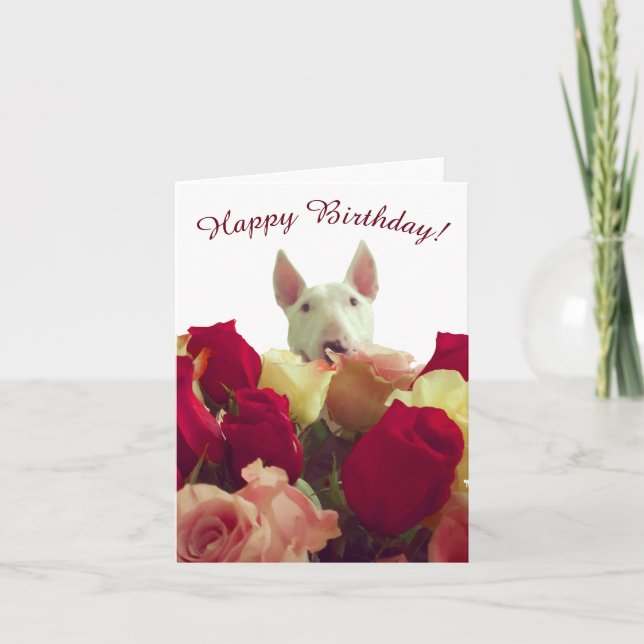 Cartão De Notas Bull terrier with roses - Happy Birthday! (Frente)