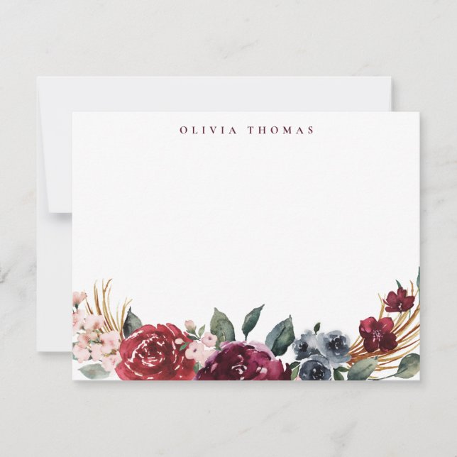 Cartão De Notas Burgundy boho floral personalizado Stationery (Frente)