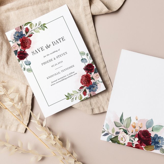 Cartão De Notas Burgundy Floral Rustic Salvar a Data (Burgundy Floral Botanical Wedding Save the Date Announcement)
