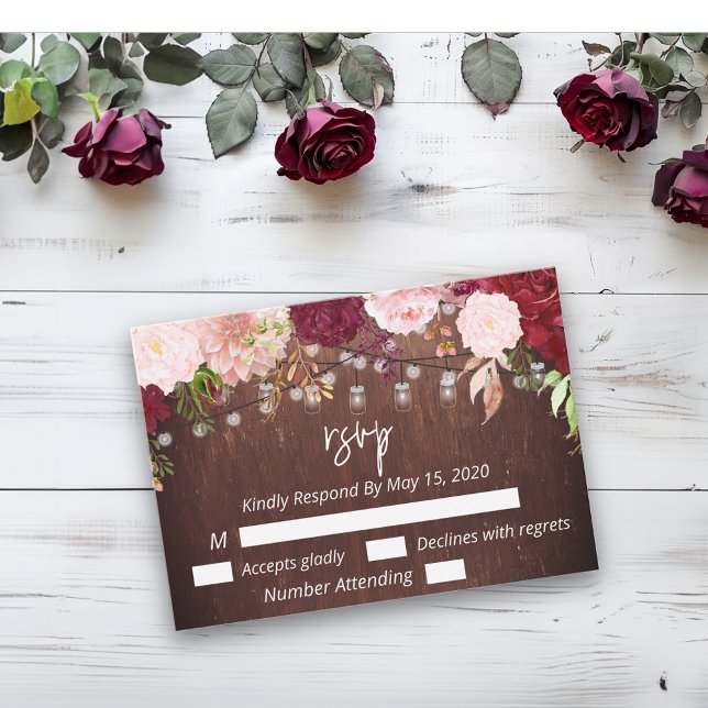 Cartão De Notas Burgundy Mason Jar Wood Budget Lights Flower RSVP (Criador carregado)
