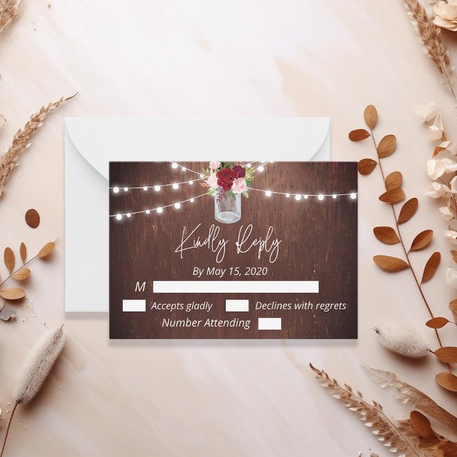 Cartão De Notas Burgundy Mason Jar Wood Budget Lights Flower RSVP (Criador carregado)